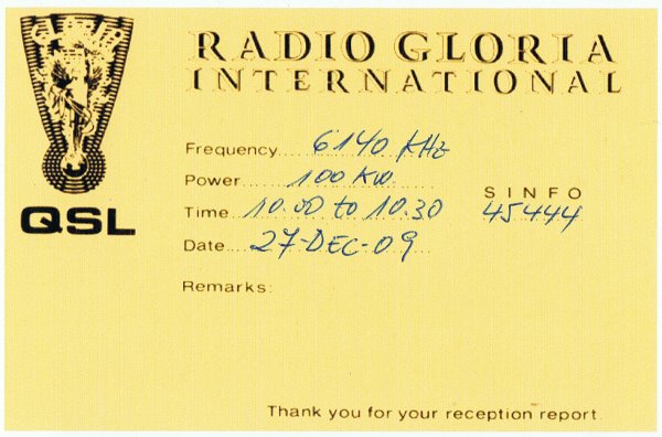 QSL Radio Gloria Internacional